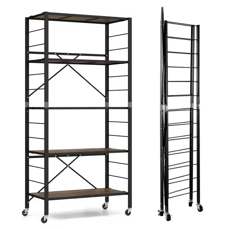Étagère pliante à 5 niveaux avec 4 roulettes, configurable soi-même, noir/naturel