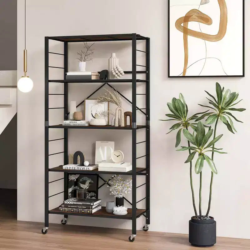 Étagère pliante à 5 niveaux avec 4 roulettes, configurable soi-même, noir/naturel