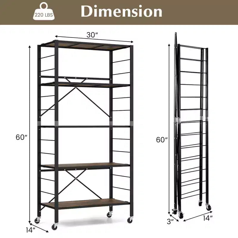 Étagère pliante à 5 niveaux avec 4 roulettes, configurable soi-même, noir/naturel