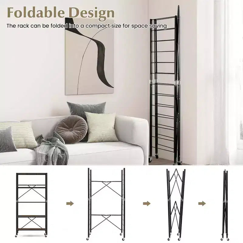 Étagère pliante à 5 niveaux avec 4 roulettes, configurable soi-même, noir/naturel