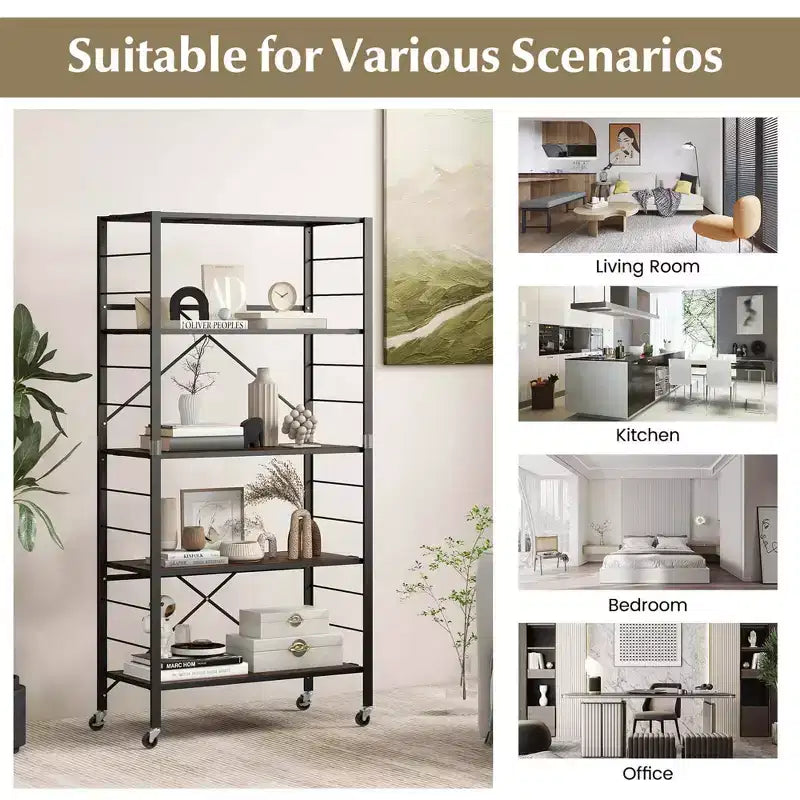 Étagère pliante à 5 niveaux avec 4 roulettes, configurable soi-même, noir/naturel