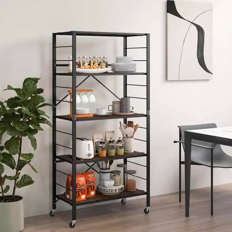 Étagère pliante à 5 niveaux avec 4 roulettes, configurable soi-même, noir/naturel