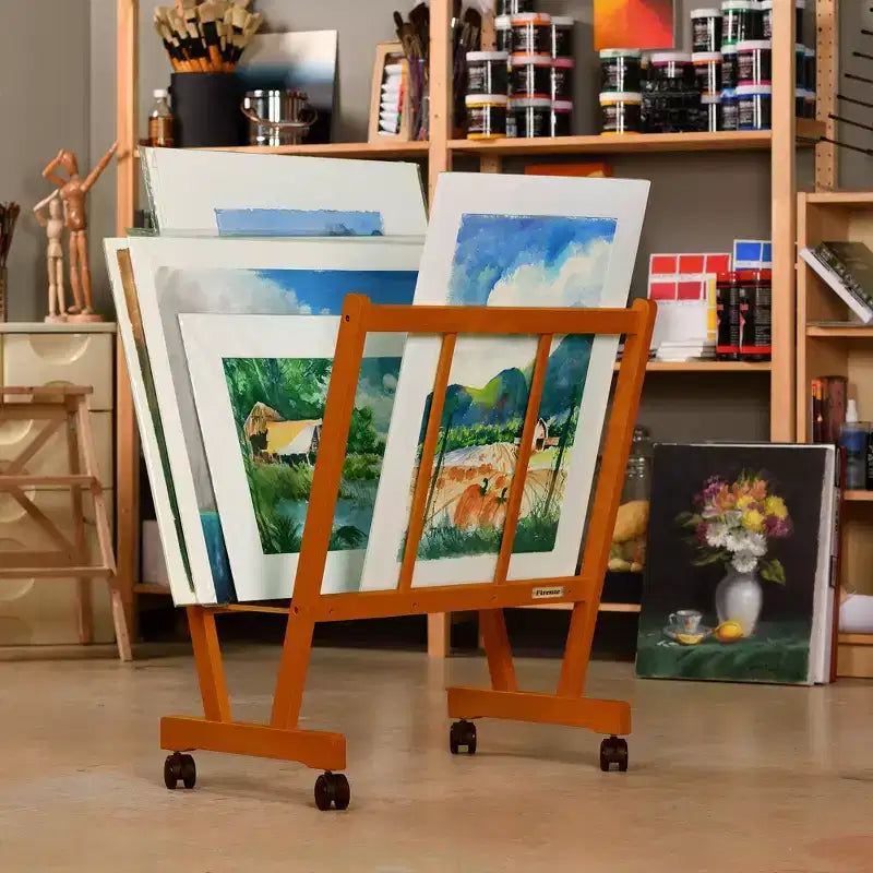 Grand porte-affiches en bois avec roulettes blocables pour toiles, œuvres d'art et affiches
