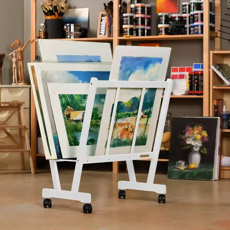 Grand porte-affiches en bois avec roulettes blocables pour toiles, œuvres d'art et affiches
