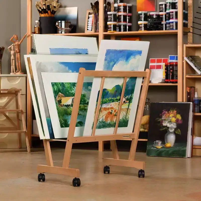 Grand porte-affiches en bois avec roulettes blocables pour toiles, œuvres d'art et affiches