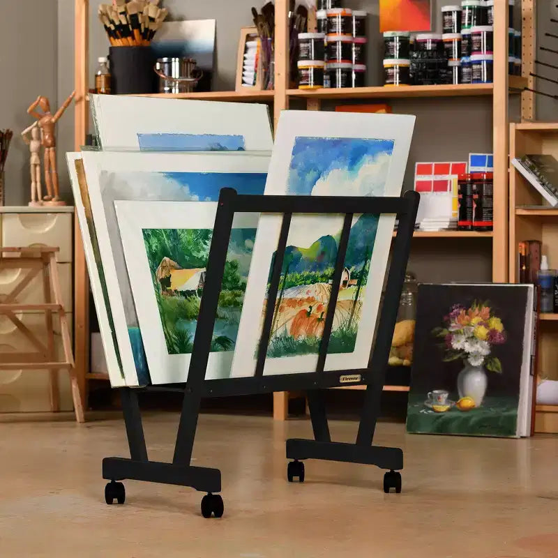 Grand porte-affiches en bois avec roulettes blocables pour toiles, œuvres d'art et affiches