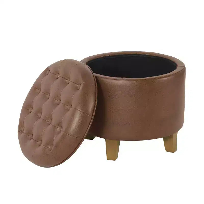 Pouf de rangement rond capitonné en similicuir